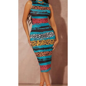 Women SHEIN Dress S Blue Orange Leopard Print
